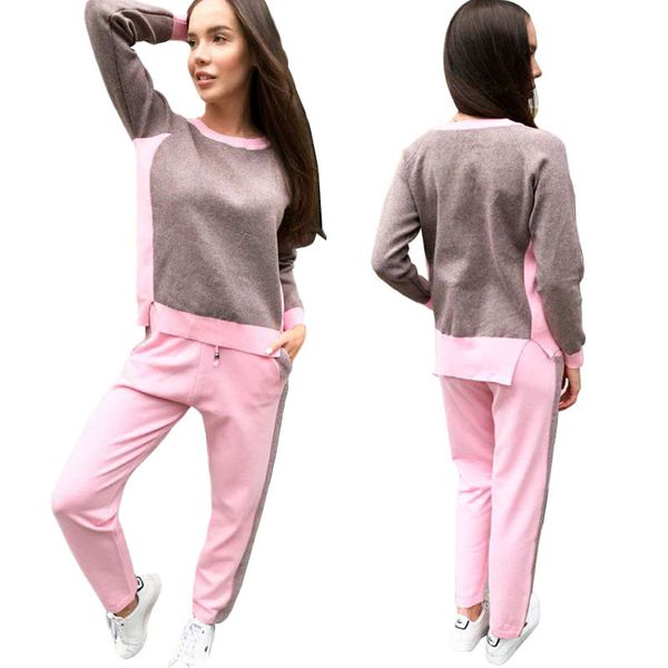 

pink grey knitted suit tracksuit set women new 2 piece set women tracksuit 2 pieces pullover striped sweater sets pants trousers, White