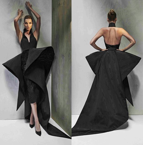 

2020 azzi & osta evening dresses with detachable train deep v neck halter backless sheath prom dress party wear custom made program gowns, Black