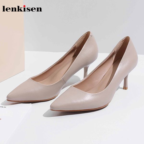 

lenkisen genuine leather basic office lady shoes dress pointed toe stiletto high heels slip on mature women spring pumps l02, Black