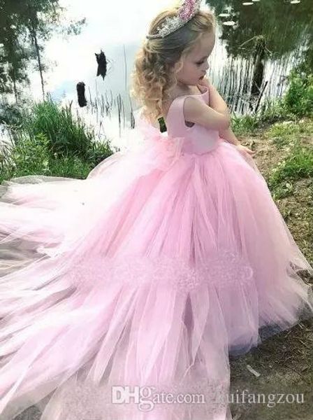 

latest adorable pink flower girl dresses 2019 kids tulle ball gown girls pageant dress with bow sash puffy formal gowns, White;blue