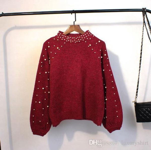 

womens winter sweaters long sleeve crew neck pullover designer pearl warm female clothing casual ladies apparel, White;black