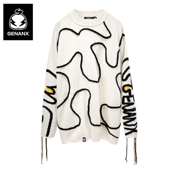 

genanx бренд мужской свитер с длинными рукавами шею капот 2018 осень новый жаккард падение плеча рукав свободные пара свитер, White;black