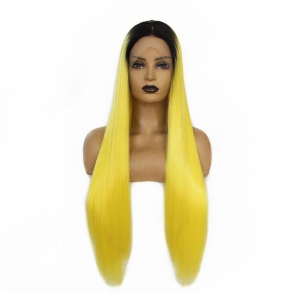 

glueless synthetic lace front wig long straight women's dark roots natural hairline ombre yellow wig heat resistant fiber hair, Black