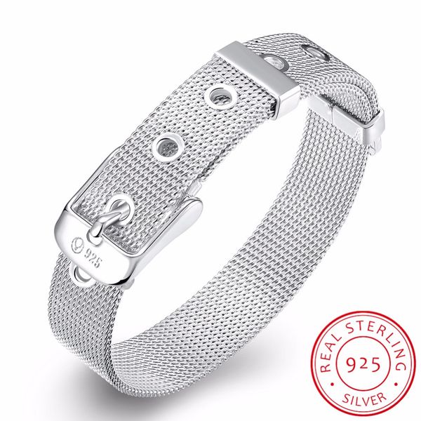 

lekani fine jewelry 925 sterling silver 14mm mesh watch belt chians adjustable bracelet bangle bracciali bileklik pulseras prata, Golden;silver