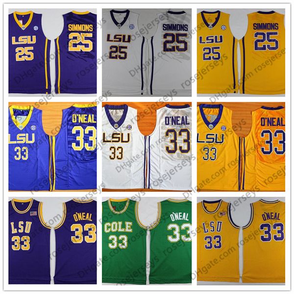 

2019 ncaa lsu tigers # 25 simmons ретро трикотажные изделия 33 o'neal vintage рубашка бен шакиль желтый фиолетовый белый черный мужской коул, Black