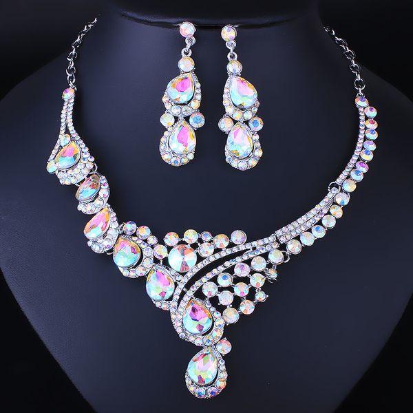 

farlena jewelry multicolor crystal rhineatones necklace set for women wedding & engagement accessory fashion bridal jewelry sets j190704, Silver