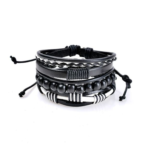 

multilayer bracelet men casual fashion braided leather bracelets for women wood bead bracelet punk rock men jewelry black