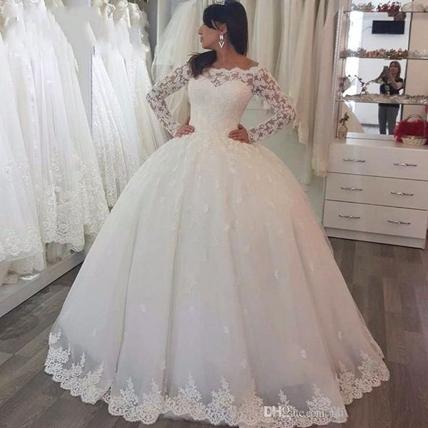

2019 с длинным рукавом пышное белое свадебное платье бальное платье appliuqes кружева на заказ свадебное платье принцессы vestido де большой, White
