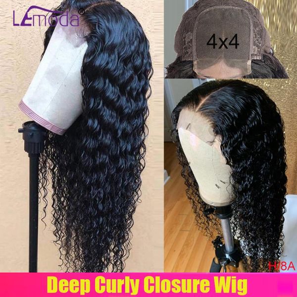 

deep curly wig malaysian 4x4 closure wigs pre plucked with baby hair remy lemoda 150% 8-26 inch lace closure wig for black women, Black;brown