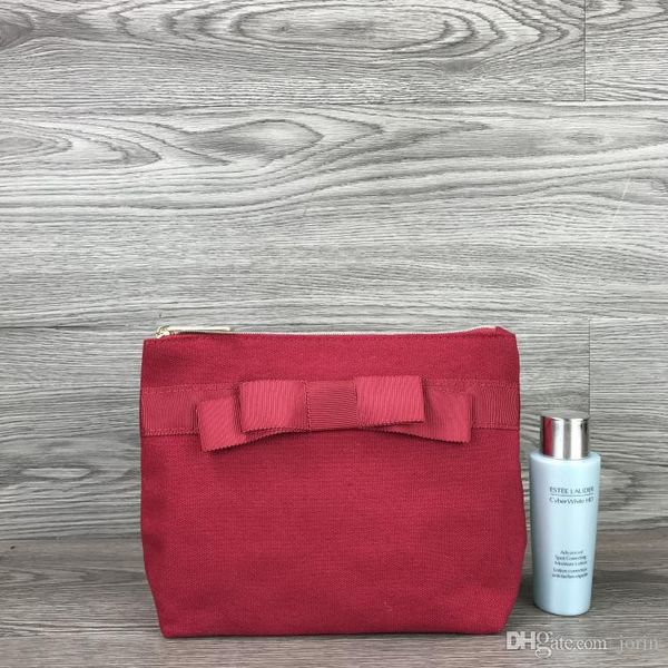 

new style canvas bowknot cosmetic bag ladies portable zipper with red bag