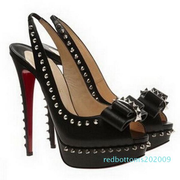 

original logo} fashion rivets fish mouth luxury designer red bottom bottoms high heel women dress shoes rr09, Black