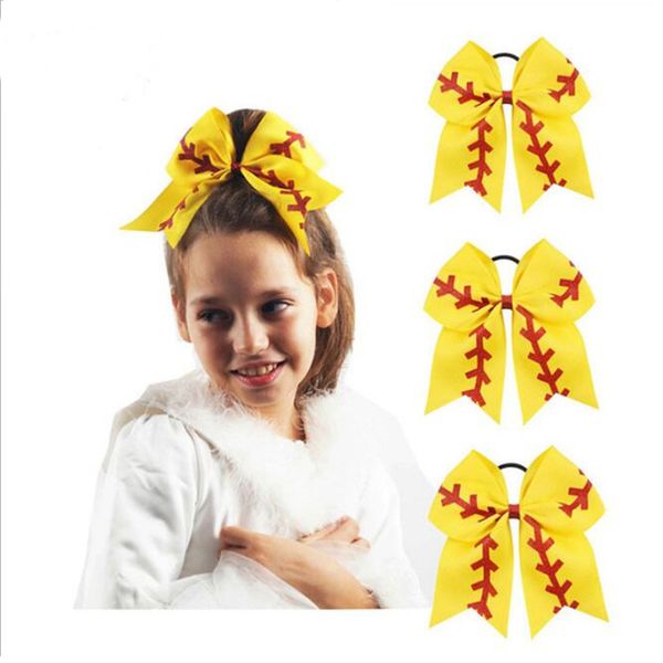 

7" softball team baseball cheer bows handmade yellow ribbon and red glitter stiches with ponytail hair holders for cheerleading dhl fj3, Slivery;white