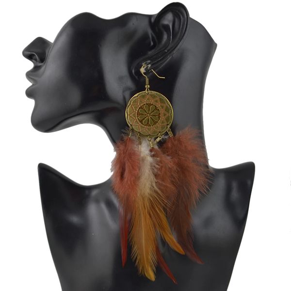 

3 colors bohemian brown blue black feather long drop earrings wedding party fashion jewelry, Silver