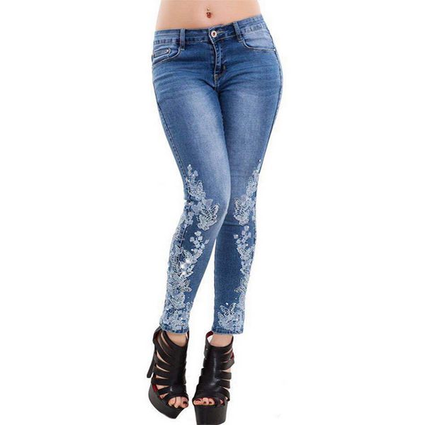 

fashion print skinny jeggings women 2020 summer casual faux denim jeans long pants ladies leng length casual slim pants, Blue