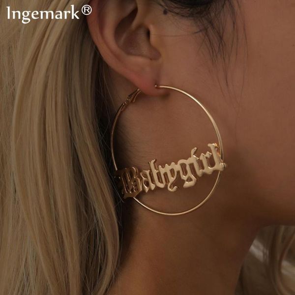 

hoop & huggie punk iron metal babe letter big earrings for women boho vintage geometric circle round 2021 fashion ear jewelry, Golden;silver