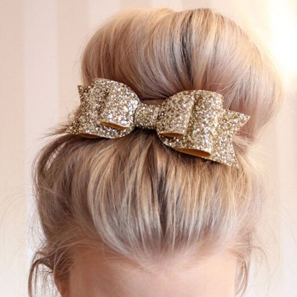 

1 pcs new fashion women solid color hair clips lady girls sequin big bowknot barrette hairpin hair bow accessories headdress, White;golden