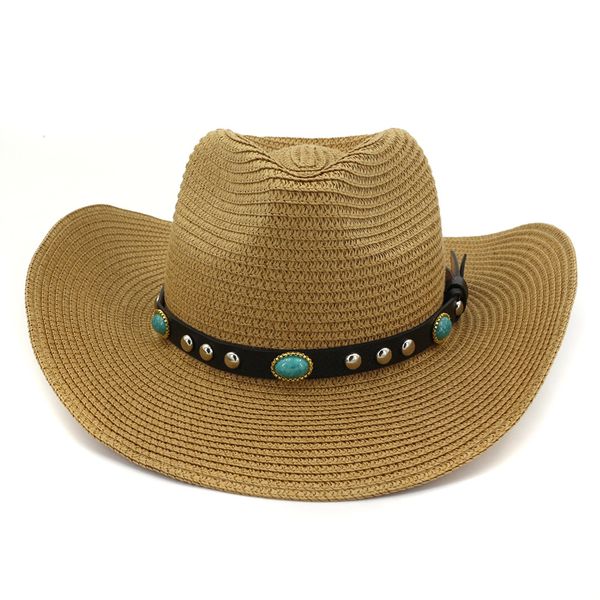 

fashionable summer beach hat cowboy paper straw hats for men women wide brim panama style sun visor cap with belt decor, Blue;gray