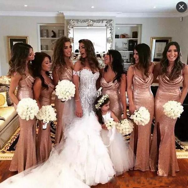 

Sparkling Rose Gold Sequin Mermaid Maid Of honor Gowns Spaghetti Straps Split Long Wedding Guest Dresses