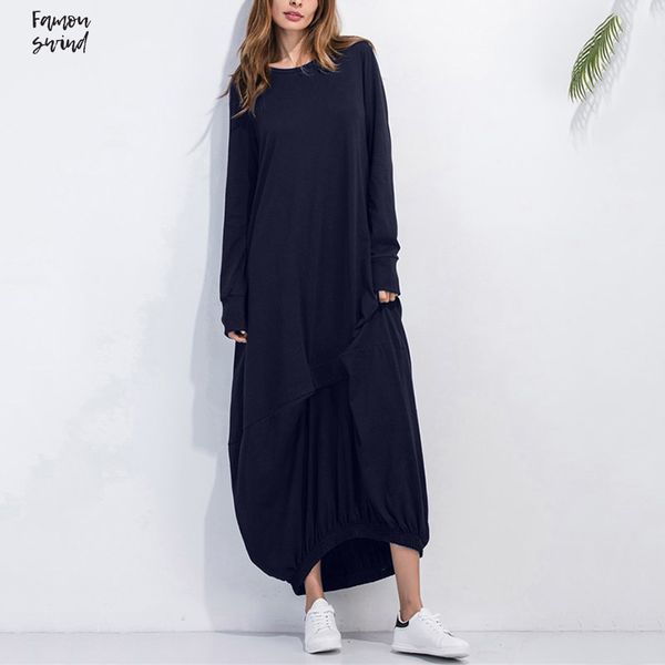 

женщины платья осень с длинным рукавом качели сборки хем кафтан платье плюс размер o шея сыпучие твердая платье рубашка вскользь vestidos, Black;gray