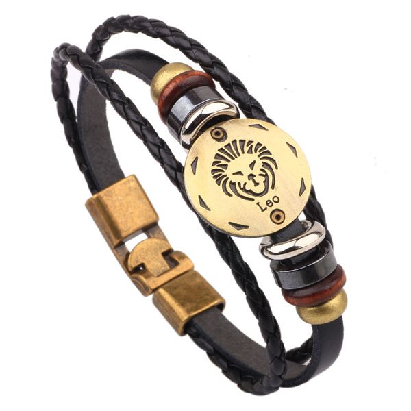 

2018 trendy fashion 12 constellation genuine leather wrap bracelet vintage jewelry for men women gift, Golden;silver