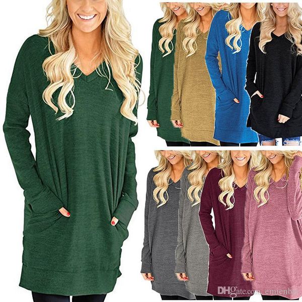 

осень v шеи женщин tshirts с длинным рукавом сплошной цвет split sexy ladies топы дряблая женский тройники с карманами, White