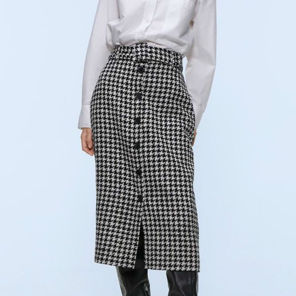 

fashion women's high waist houndstooth skirt single breasted split black and white plaid long bag hip skirt button moda mujer