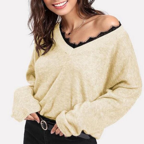 

women sweater female women v-neck long sleeve lace knitted pullover loose sweater jumper casaco feminino cardigan, White;black