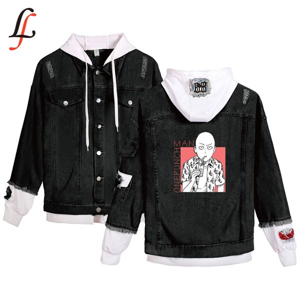 

one punch man season 2 new cowboy women/men autumn winter fashion stitching hooded broken hole stitching denim jacket plus size, Black;brown