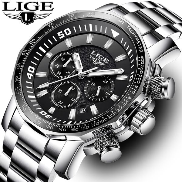 

men watch lige fashion quartz clock men's business waterproof big dial sport watches relogio masculin, Slivery;brown
