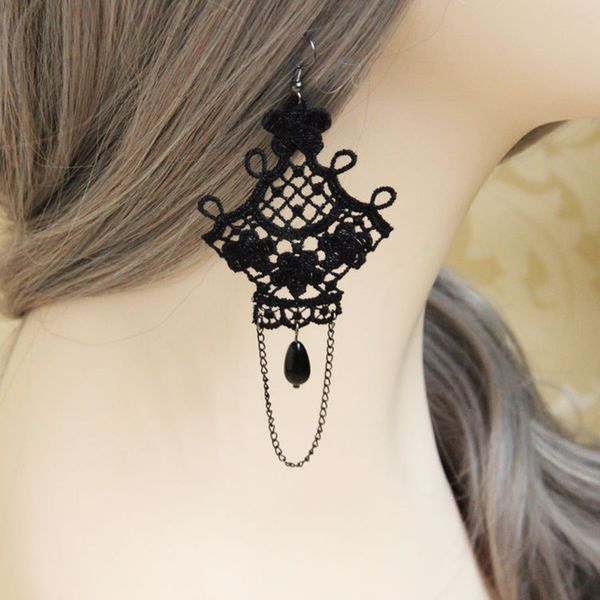 

1 pair vintage black lace drop hook long earring gothic women accessory, Golden