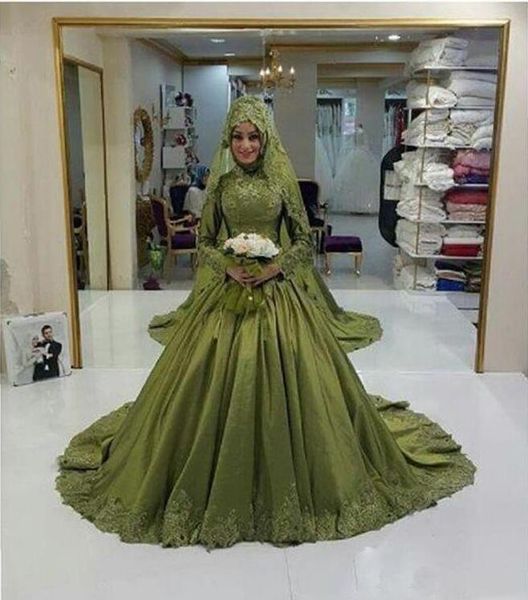 Robe De Mariage 2017 Grün Muslimischen Hochzeitskleid Langarm Saudi-arabien High Neck Applique Brautkleider Vestido De Noiva Kostenloser Versand