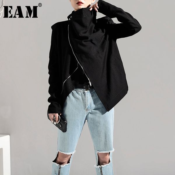 

eam] 2019 new spring autumn stand collar long sleeve brief zipper personality loose short jacket women coat fashion tide ji1020, Black;brown