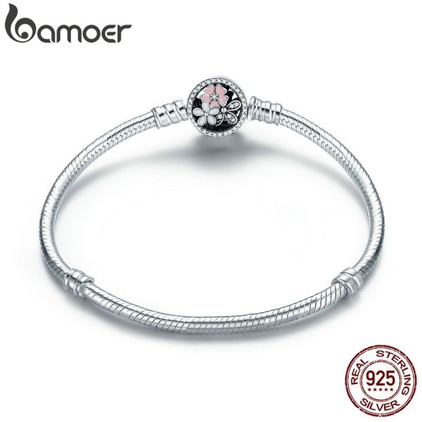 

bamoer authentic 925 sterling silver poetic daisy cherry blossom mixed enamels & clear cz snake chain bracelet jewelry pas919, Golden;silver