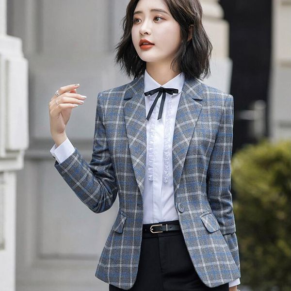 

soft and comfortable plaid jacket with pocket office lady casual style blazer women wear single button coat, White;black