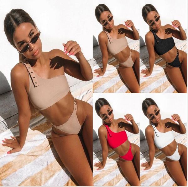 

ms. bikini split swimming suit single shoulder pure color perforation european and american bikini