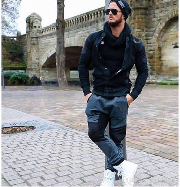 

panelled mens designer jean jackets fashion single breasted stand collar jean jackets casual males clothing, Black;brown