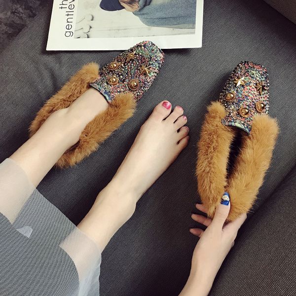 

women's fur slippers cotton scoop shoes plus velvet hair wearing flat shoes women's loafers winter muller for women, Black