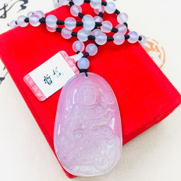 

natural brazilian jade jade carved white patron saint pendant with chalcedony bead necklace men's women's sweater chain, Silver