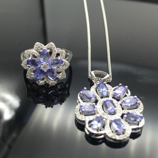 

jewelry romantic tanzanite heart jewelry set natural tanzanite silver ring pendant set solid silver, Black