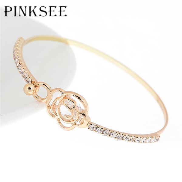 

pinksee 2018 elegant bijoux rose flower gold bangles arm bracelet for women statement jewelry classic accessories, Black