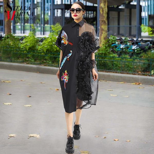 

2019 лето женщины black midi mesh рубашки платье плюс размер сборки птица вышивка lady sheer симпатичные платье партии robe стиль 3392, Black;pink