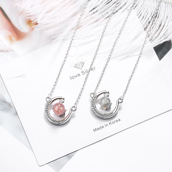 

anenjery sweet strawberry crystal moonstone necklace 925 sterling silver moon shaped pendant necklace for women gifts s-n381