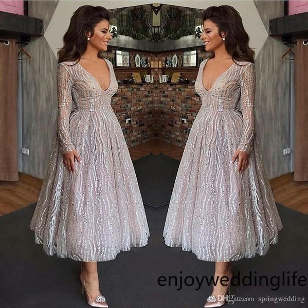 

vintage white long sleeve short party dresses a line v neck sequined tea length mother of bride evening prom gowns 1744, Black