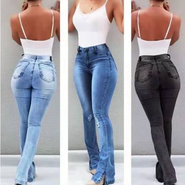 

women's high waisted jeans skinny ripped boot cut denim pants push up flare trousers stretch bottom jean female, Blue