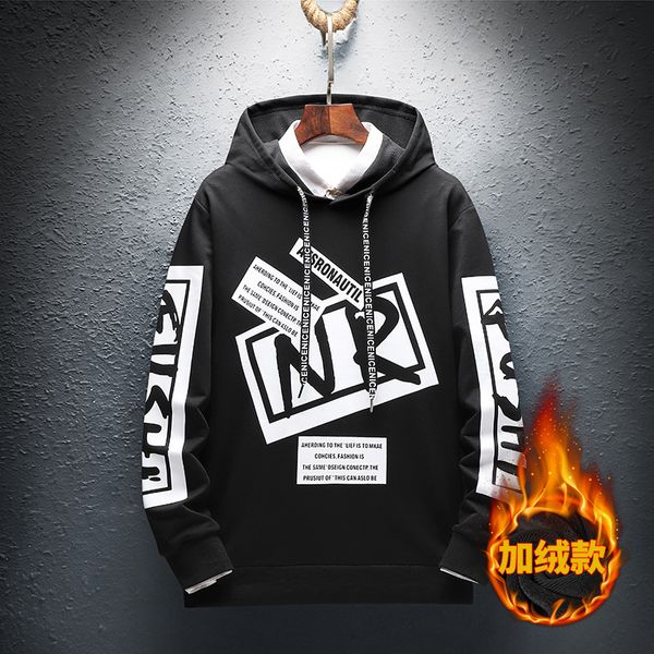 

ins hoodie men's hooded loose-fit autumn & winter plus velvet on clothes students korean-style trend couple clothes printed hood, Black