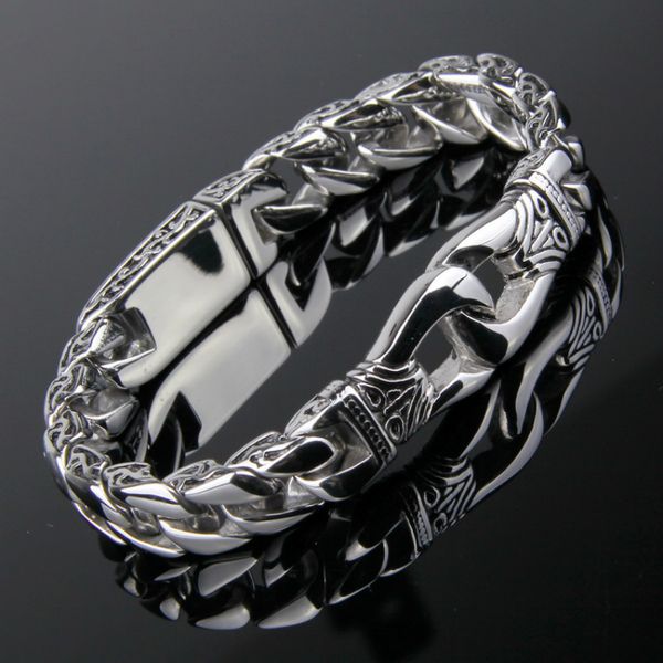 

11mm wide vintage tribal pattern men's punk titanium steel wide bracelet polished pattern jewelry bangles hand thick chain, Golden;silver