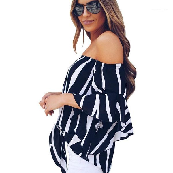 

short tees middle sleeve apparel womens summer slash neck chiffon shirt fashion petal sleeve casual clothing, White