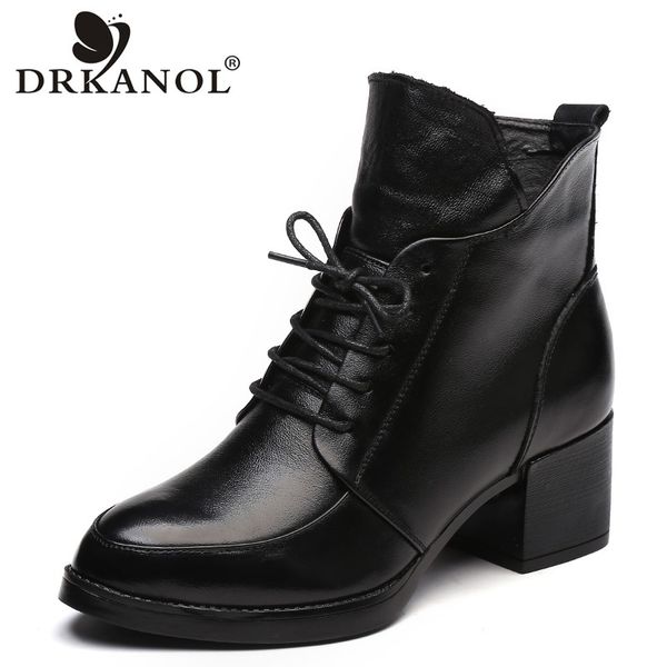 

drkanol genuine leather thick heel women boots 2019 solid black winter ankle boots motorcycle botas pointed toe warm women shoes mx200324