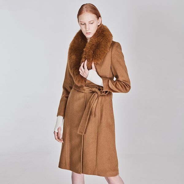 

winter autumn and 2020 new fur collar belt wavy wool wool coat, Black