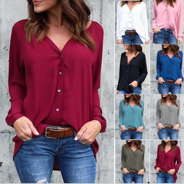 

Basic Style Ladies Chiffon Shirts Lapel Collar Long Sleeve Buttons Open Office Style Plain Color Chiffon Shirts Tops